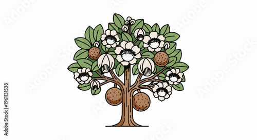 Stylized tree with flowers and fruit on a white background