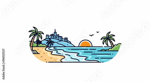 Stylized tropical island scene with castle, palm trees, and setting sun