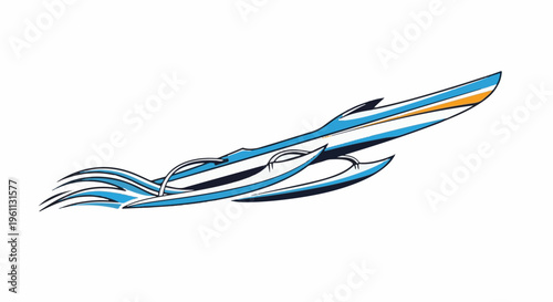 Stylized twin-hulled racing vessel with blue, white, and orange accents