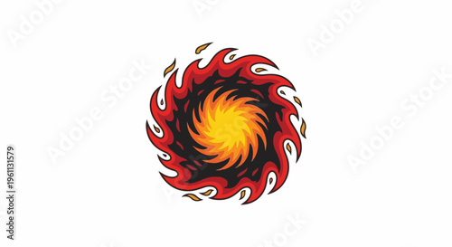 Swirling vortex of red and yellow flames against a white background