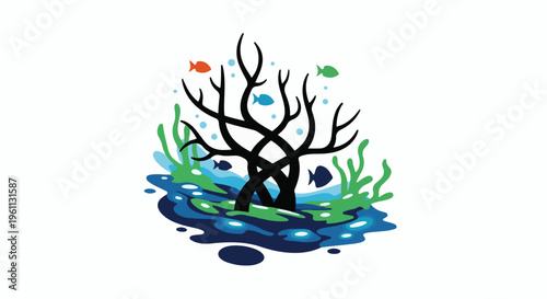 Stylized underwater scene with black coral, colorful fish, and aquatic plants