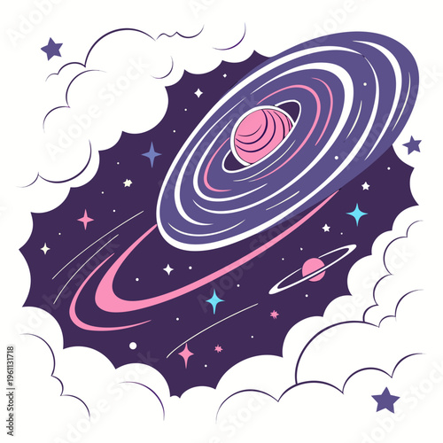A pink and purple planet with rings in the space