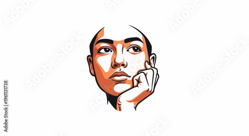 Stylized portrait of a young person with hand on cheek, looking thoughtfully