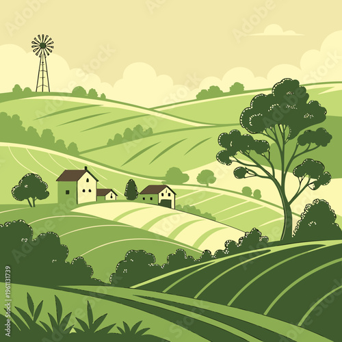 A rural landscape with a farmhouse and windmill