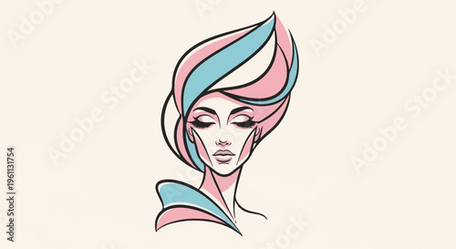 Stylized portrait of a woman with flowing hair in pink and blue hues