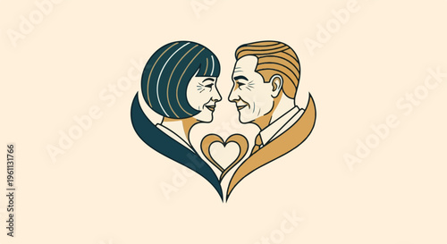 Stylized portrait of an older couple embracing in a heart shape