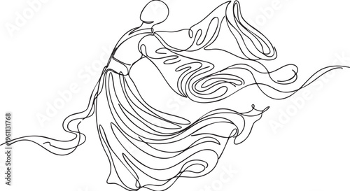 Continuous single black line drawing of Chinese Hanfu on a dramatically arched, simple dummy with wide sleeves flowing in a strong wind gust.