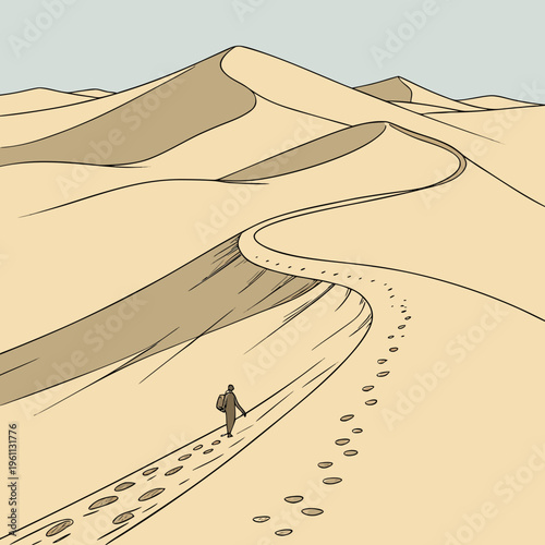 A man walking on a desert road with sand dunes