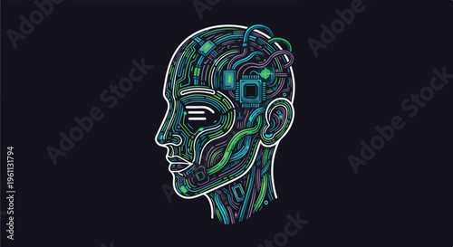 Stylized profile of a head with circuits, wires, and microchips