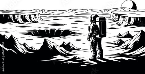 Astronaut standing on rugged alien planet surface illustration