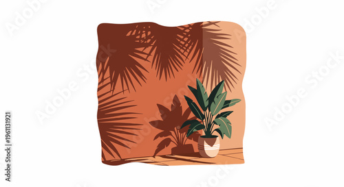 Tropical leaves cast shadows on a terracotta wall behind a potted plant