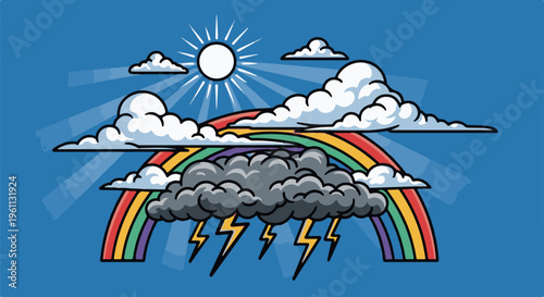 Sun, clouds, rainbow, storm, and lightning bolts against blue sky