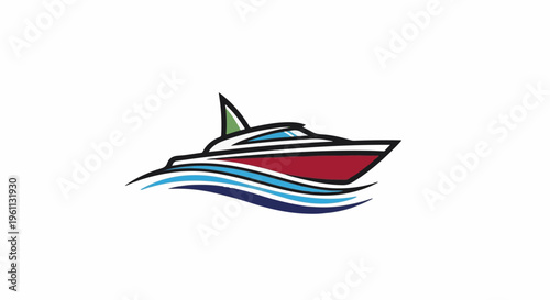 Stylized red speedboat with green fin cutting through blue waves