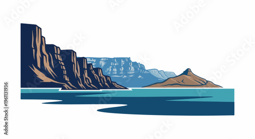 Stylized river cutting through vast, layered canyons under a white sky