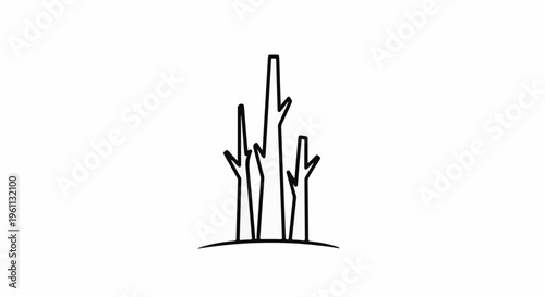 Stylized minimalist outline of leafless branches growing from a curved base