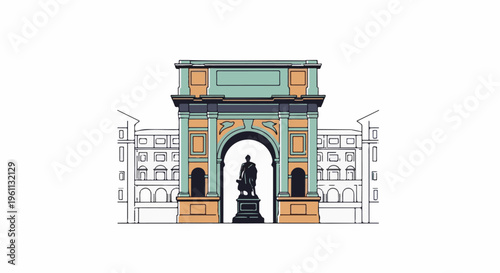 Stylized monument with arch and statue, featuring flanking buildings