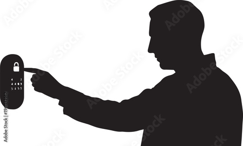 Man's finger touching lock icon on digital keypad silhouette
