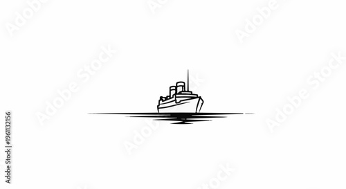 Stylized ship sailing on dark water with reflection