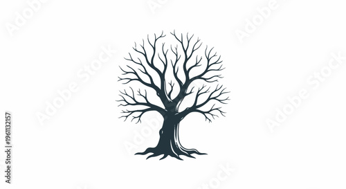 Stylized silhouette of a bare, intricate tree with prominent roots