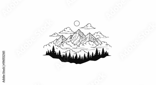 Stylized mountain peaks emerge from clouds above a forest