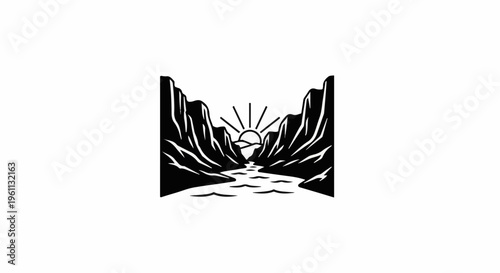 Stylized mountain gorge with river flowing towards a sunburst