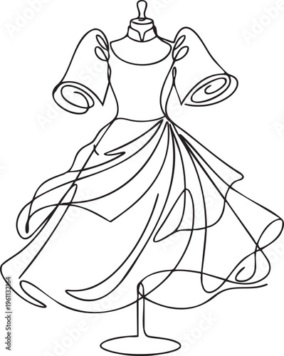 Continuous single black line drawing of the Filipino Maria Clara gown on a rotating simple dummy with butterfly sleeves swirling in wind.