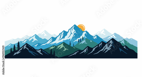 Stylized mountain range at sunrise with pine trees and a sun disk