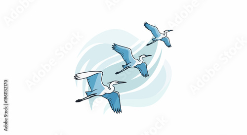 Three light blue birds with outstretched wings fly in formation