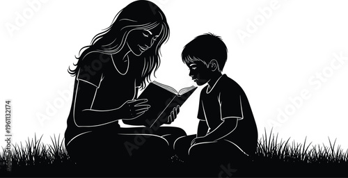Silhouette of mother reading book to young child outdoors on grass, tender parenting moment, family bonding, early education, storytelling time, black and white illustration
