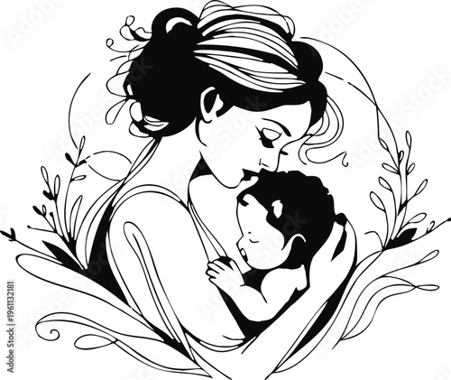 Minimalist black and white silhouette of mother kissing baby forehead with floral frame