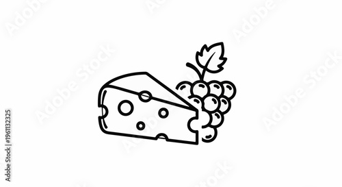 Stylized illustration of a cheese wedge and grapes on a white background