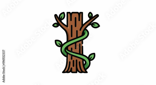 Stylized illustration of a brown tree trunk with green vine