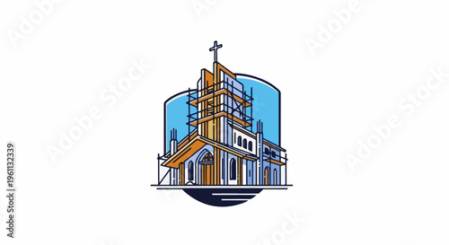 Stylized illustration of a church undergoing renovation or construction