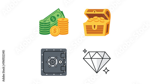 Symbols representing wealth, security, and valuable assets in modern emoji form