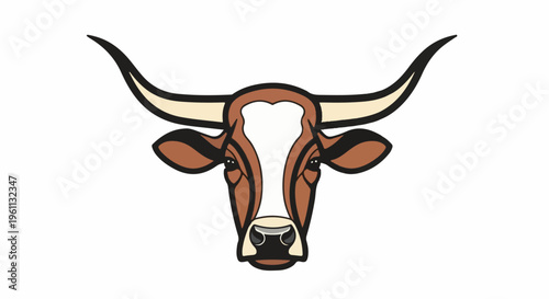 Stylized illustration of a brown and white longhorn cow's head