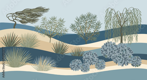 Stylized natural landscape with wind-swept trees and arid vegetation