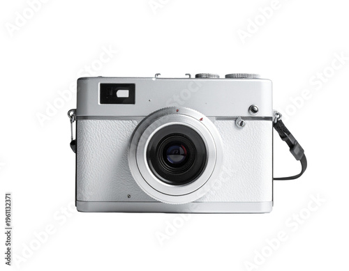 Camera with silver body and prominent lens, vintage style digital compact