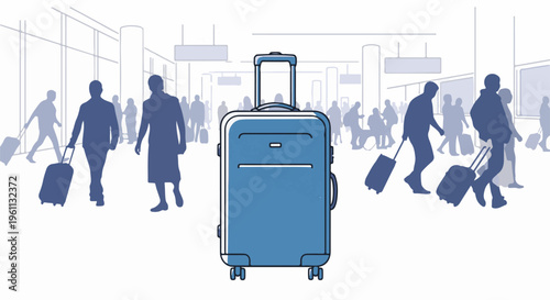 Stylized illustration of a blue suitcase in a busy airport terminal