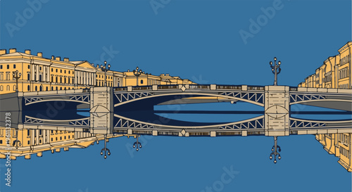 Stylized illustration of a bridge with buildings reflected in water