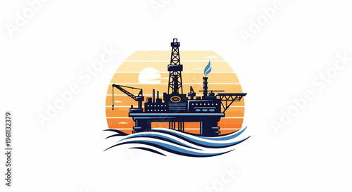 Stylized offshore drilling platform silhouette against a striped sunset over waves