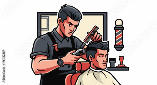 Stylized illustration of a barber giving a haircut to a client