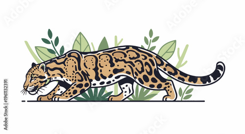 Stylized ocelot prowling amidst lush green foliage
