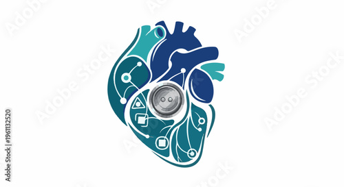 Stylized heart with circuit lines and a central button