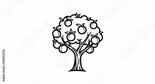 Stylized outline of a fruit tree laden with ripe, round fruits