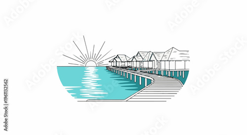 Sunrise over overwater bungalows on stilts connected by boardwalk