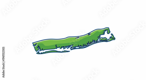 Stylized green outline map of a hook-shaped island with blue border