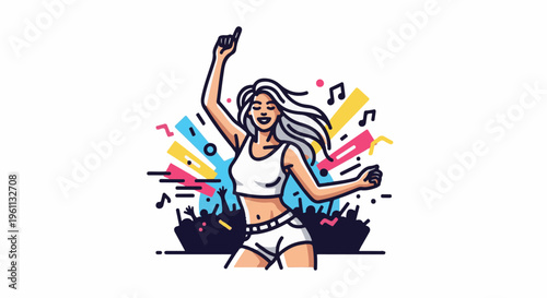Stylized graphic of a woman joyfully dancing amidst colorful abstract shapes and musical notes