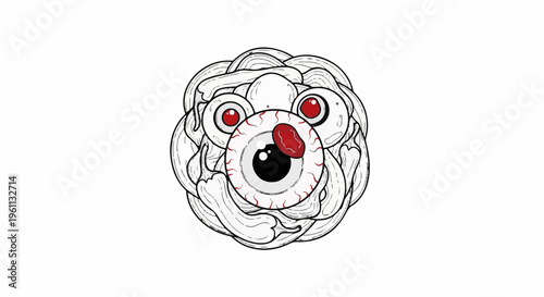 Surreal, unsettling eye creature with multiple, bloodshot eyeballs and wispy, white strands