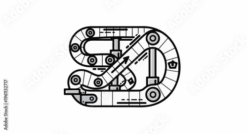 Stylized graphic of a winding roller coaster track with wheels and segments