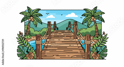Tropical wooden pier leads to lush green hills under a blue sky